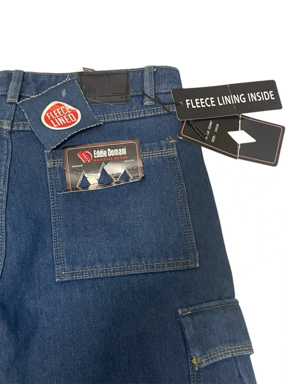 EDDIE DOMANI BLUE CARGO PANTS DENIM MEN FLEECE LINING INSIDE POCKETS SIZE 34X30*